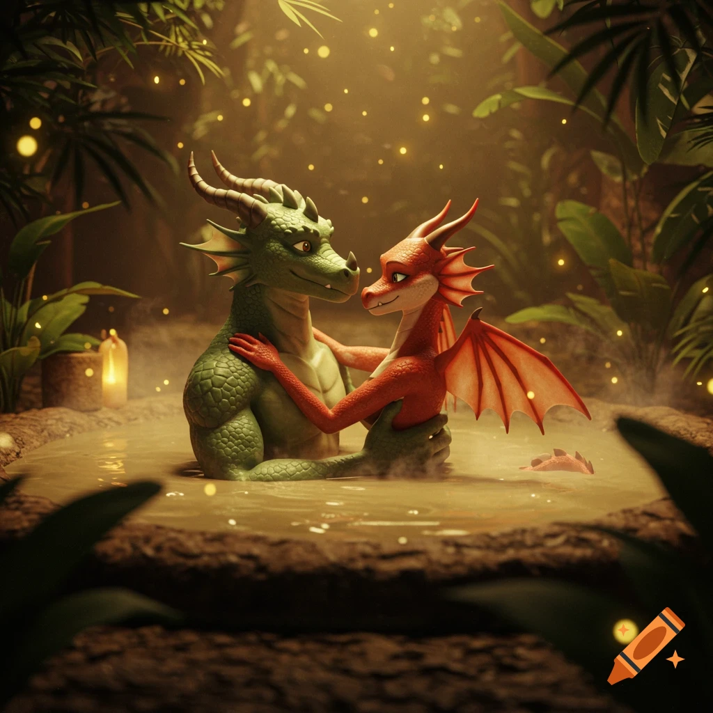 A green male and red female 3D animated dragon couple embracing and relaxing in a mud hot tub in a jungle setting.