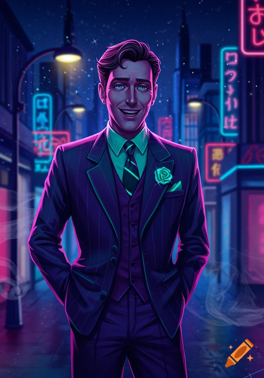 A smiling man in a pinstripe suit and vest with a teal rose boutonniere stands in a neon-lit urban street at night, in a vibrant digital illustration.