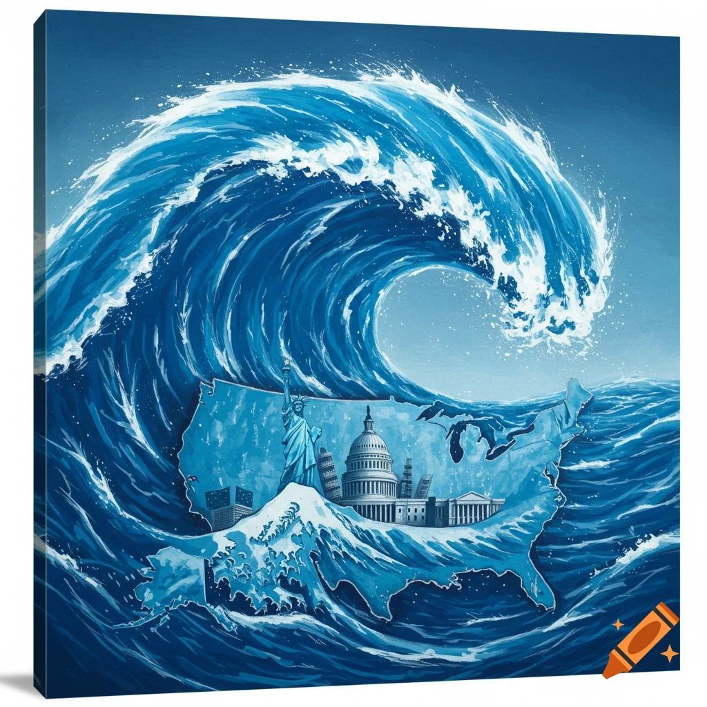 Illustrative blue wave crashing over a map of the USA, showing landmarks like the Statue of Liberty and the Capitol.