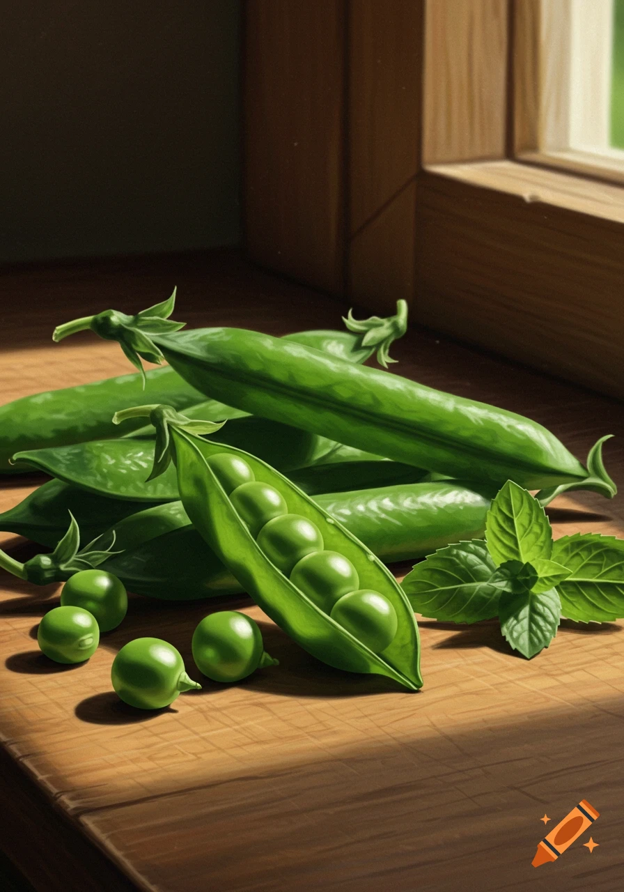 Fresh green peas, some in pods, some shelled, and a sprig of mint on a sunlit wooden table by a window in a photorealistic style.