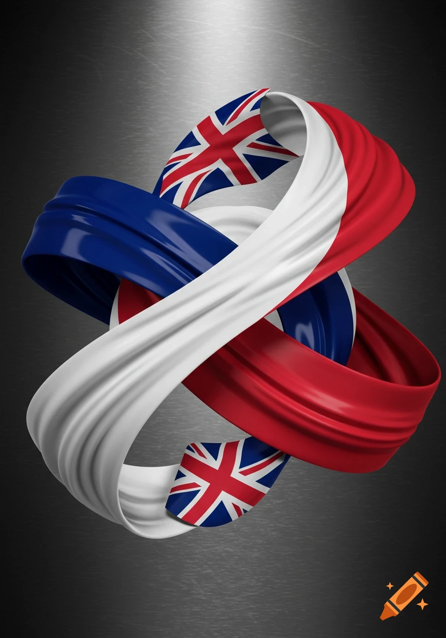 3D rendering of the British Union Jack and French Tricolour flags intertwined on a dark metallic background.