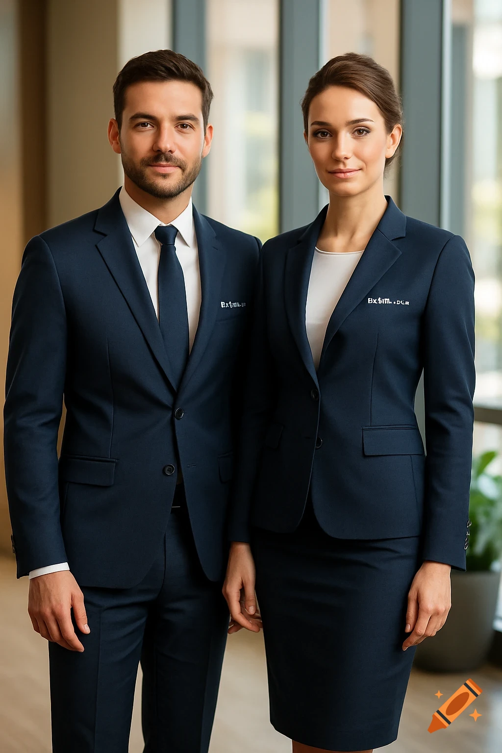 Photorealistic image of a man and a woman in matching navy blue business suits, standing together.