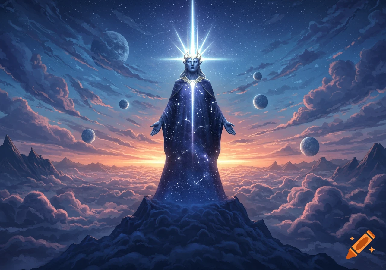 A celestial, blue-skinned figure with a glowing crown and starry cloak stands atop mountains, surrounded by clouds and planets in a vibrant cosmic sunset sky.