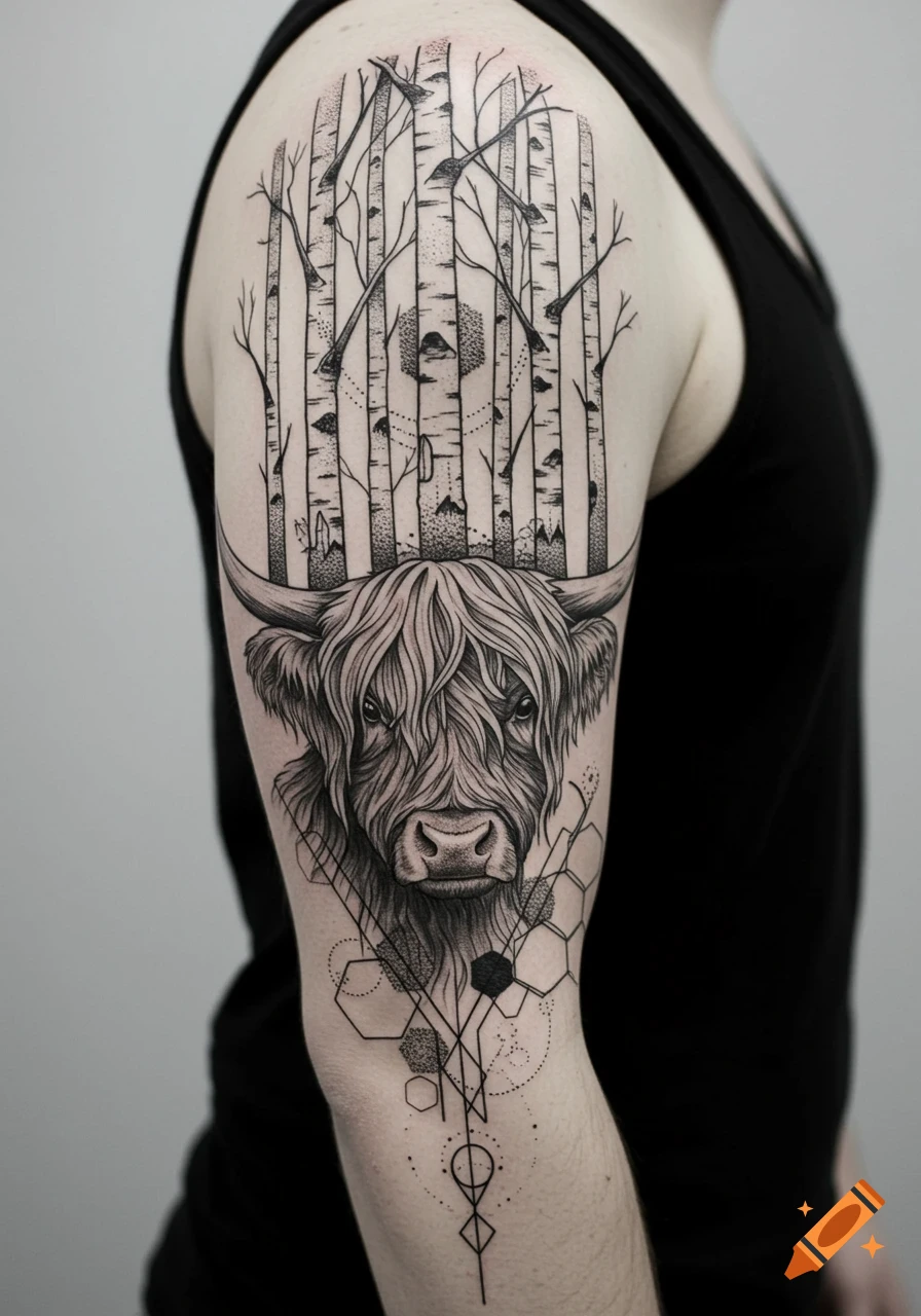 Detailed black and white tattoo on an arm, featuring a Scottish Highland cow's head, birch trees, and geometric patterns.