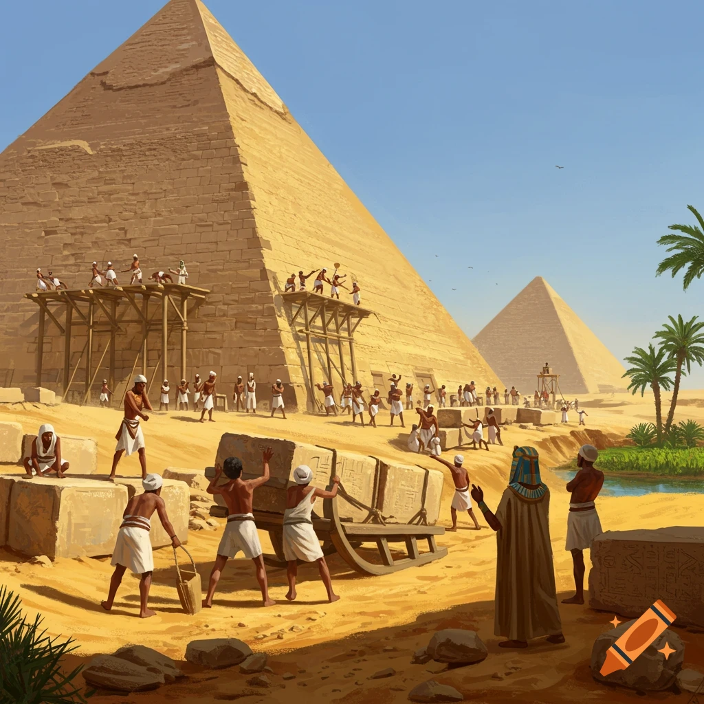 An illustration depicting ancient Egyptians constructing the Great Pyramid, with workers pulling large stone blocks and others on scaffolding.