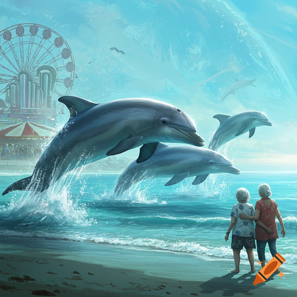 Two elderly people stand on a sandy beach, watching several dolphins leap from turquoise ocean waves. An amusement park with a Ferris wheel is in the background.
