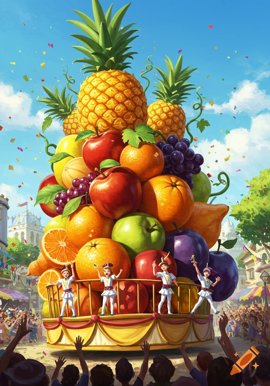 Vibrant illustration of a festive parade float piled high with various fruits like pineapples, apples, and oranges, with children performing on top.