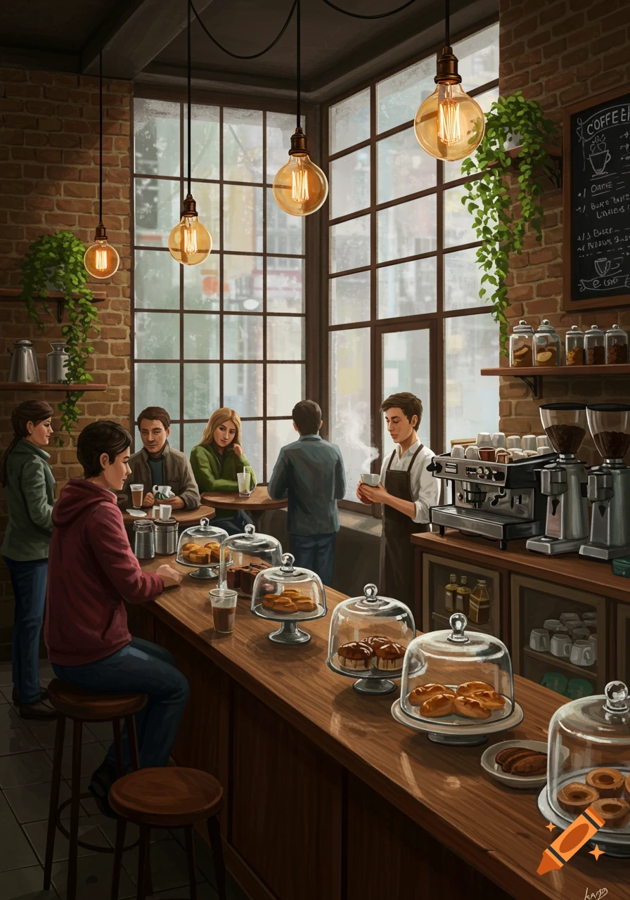 A busy coffee shop with customers at the counter and tables, and a barista preparing drinks, in a warm, painterly style.