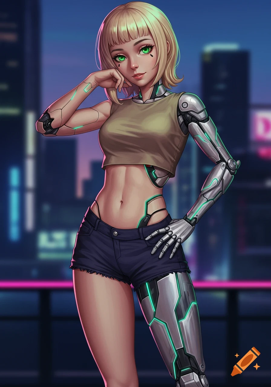 An anime-style blonde female cyborg with green eyes, wearing a crop top and shorts, revealing a bionic left arm and bionic legs, against a neon city night background.