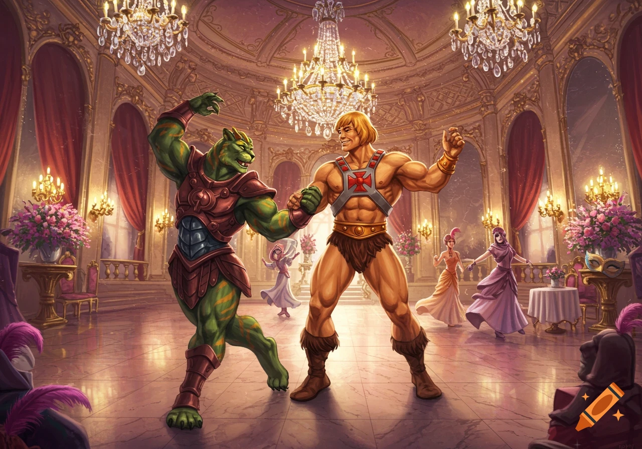 He-Man and a humanoid Battle Cat dance in a grand, ornate ballroom with sparkling chandeliers.