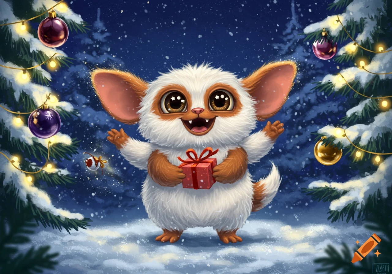 A fluffy, big-eared, brown and white creature joyfully holds a red Christmas gift in a snowy forest with decorated pine trees.