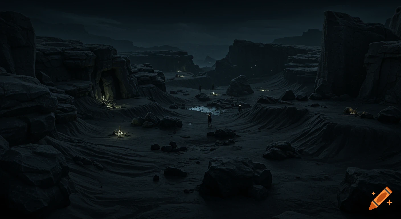 A dark, mysterious alien landscape with rough, rocky terrain, glowing crystals, shadowy figures, and a pool of water under a night sky.