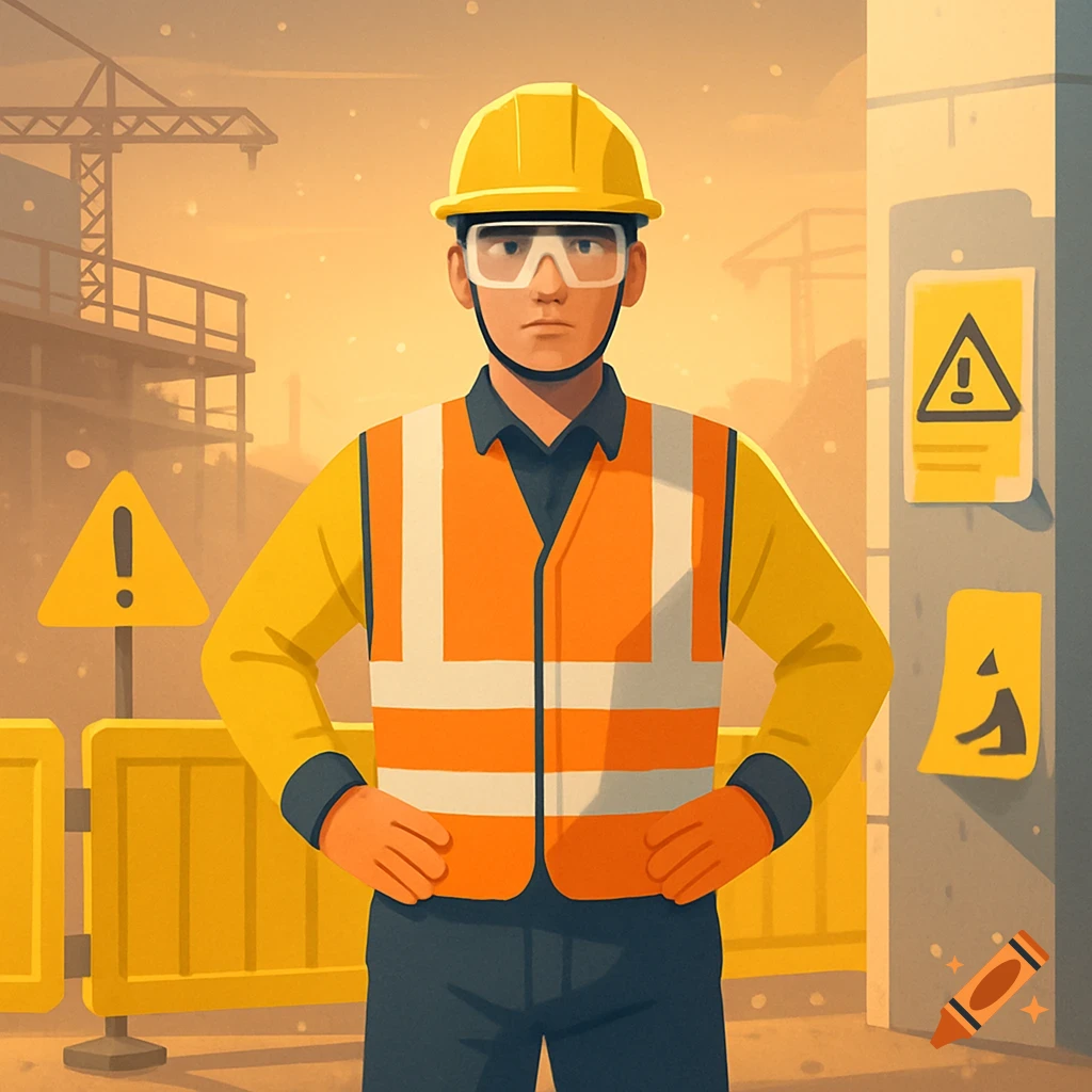 Stylized illustration of a construction worker in a hard hat, safety glasses, and an orange vest at a construction site.
