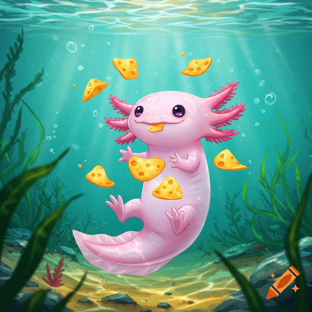A cute pink cartoon axolotl floats underwater, eating cheese and surrounded by cheese wedges and green aquatic plants.