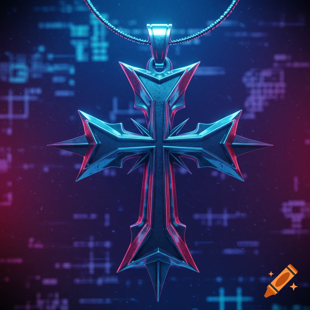 A metallic, spiky cross pendant with glowing blue and red edges, set against a dark background with faint blue digital patterns.