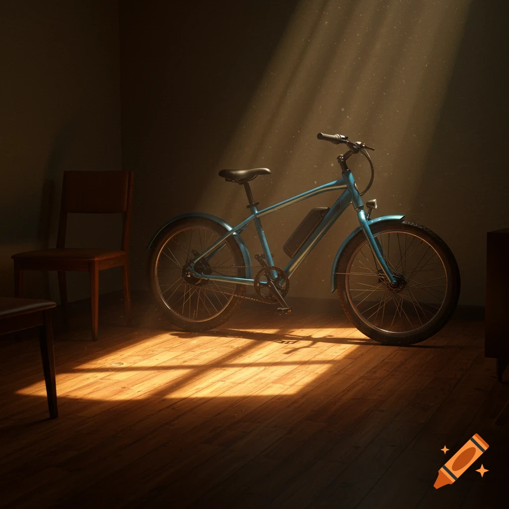 A blue electric bike stands on a wooden floor in a dimly lit room, illuminated by a dramatic shaft of sunlight.