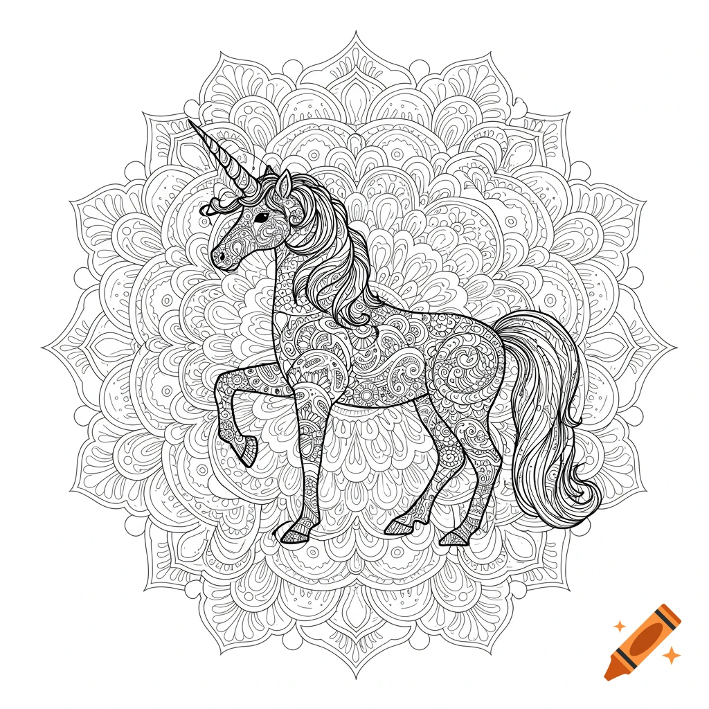Detailed black and white line art of a unicorn with intricate patterns, against a complex symmetrical mandala background.