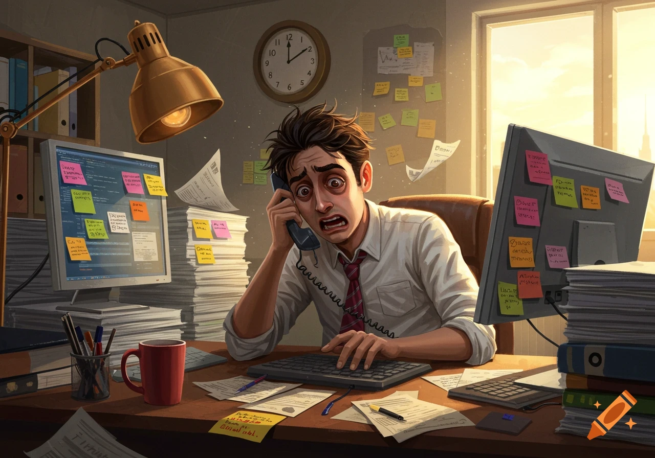 A cartoon illustration of a disheveled man with wide, bloodshot eyes looking overwhelmed while talking on a landline phone at a messy office desk. Papers and sticky notes are scattered everywhere.