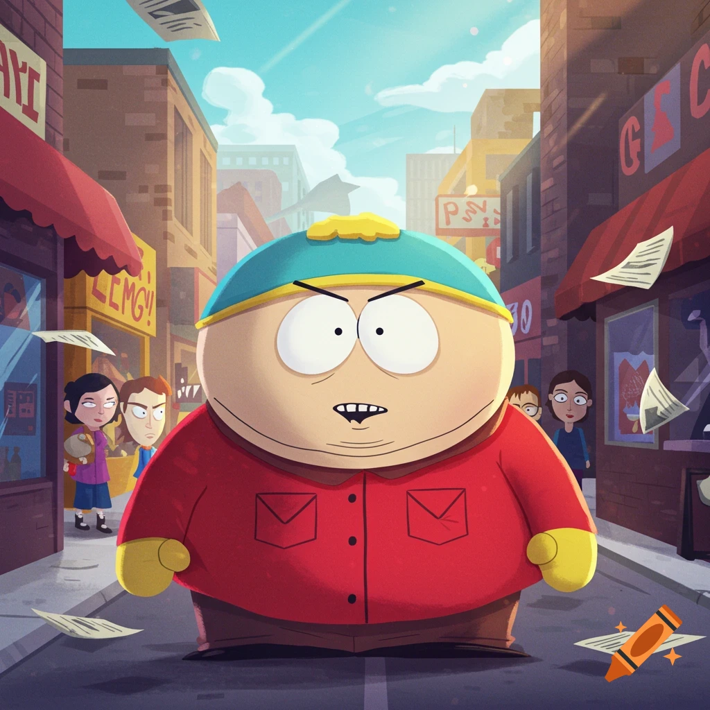 Eric Cartman from South Park stands angrily in a stylized street with papers flying around.