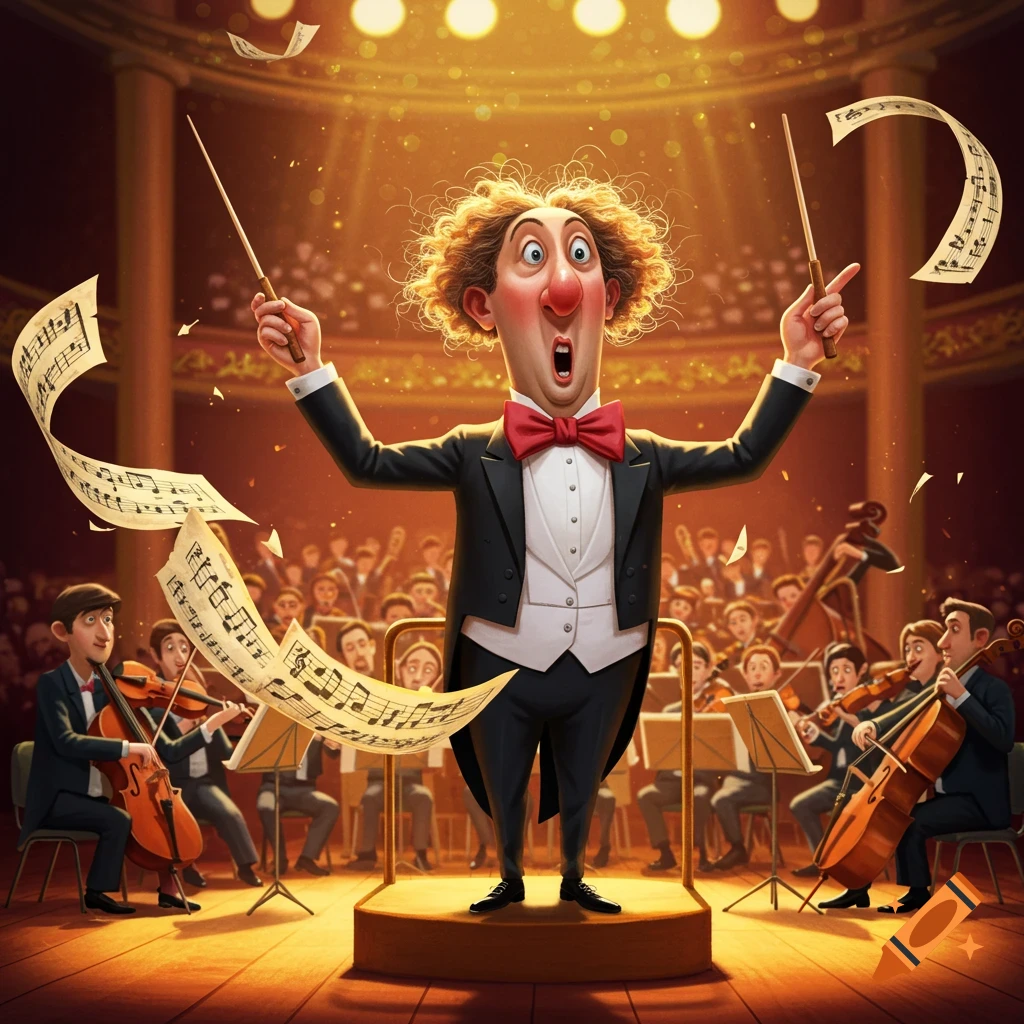 A comic conductor with a red nose and curly hair wildly gestures with batons on a stage, surrounded by floating sheet music and an orchestra playing instruments in a concert hall.