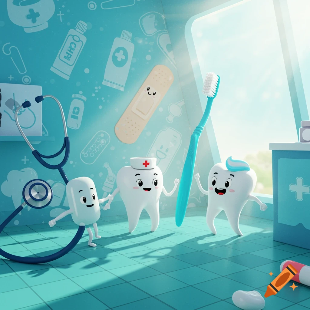 Animated tooth characters, one with a nurse hat, and a pill stand with a stethoscope and large toothbrush in a bright blue medical setting.