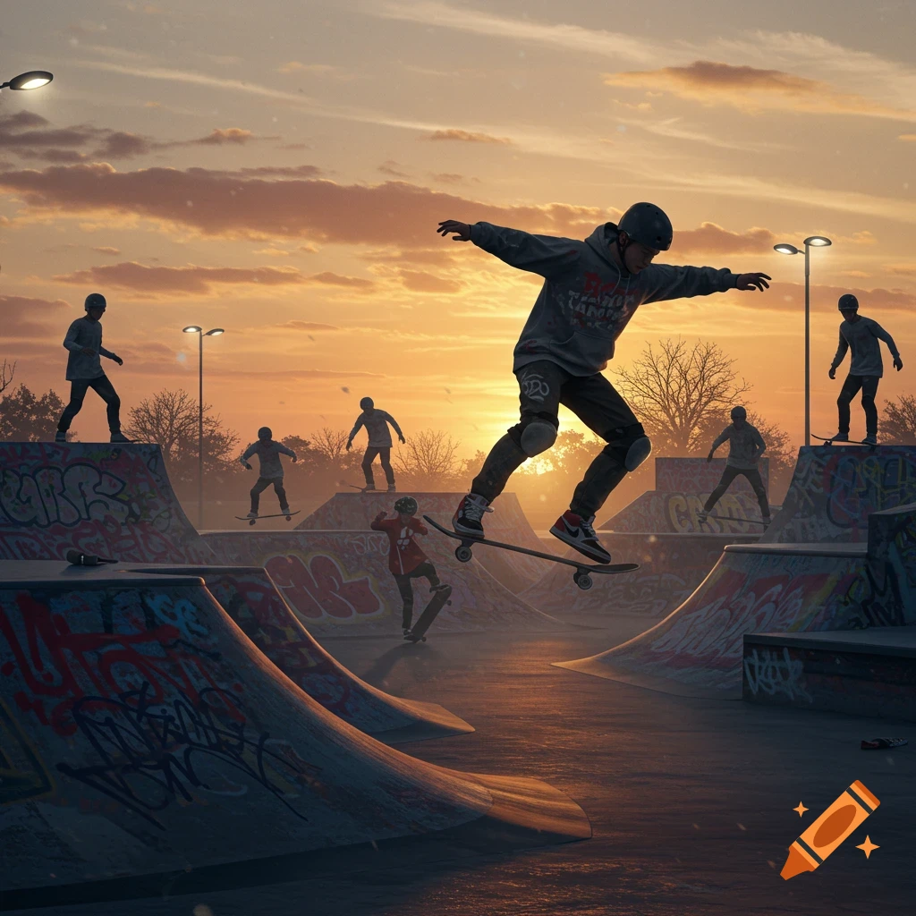 Skaters perform tricks at a graffiti-covered skatepark during a vibrant sunset.
