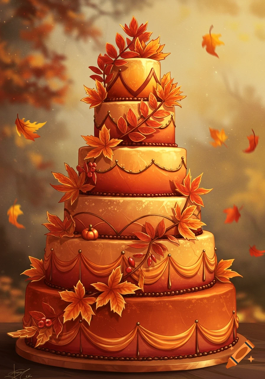 A large, multi-tiered autumn-themed cake decorated with orange and red leaves, berries, and a small pumpkin, against a warm blurred background.