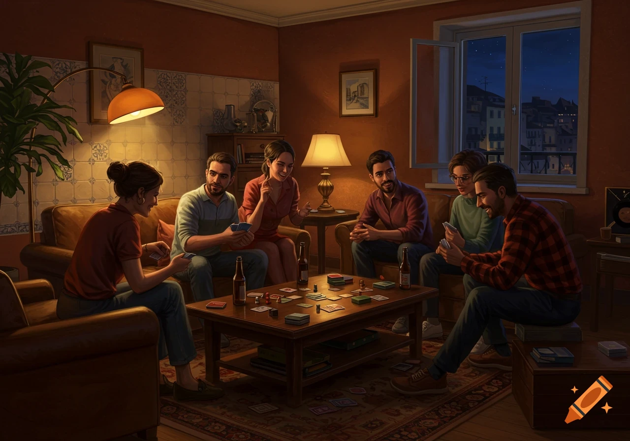 A group of diverse friends laughing and playing a board game in a cozy living room at night. Bottles of beer are on the table.