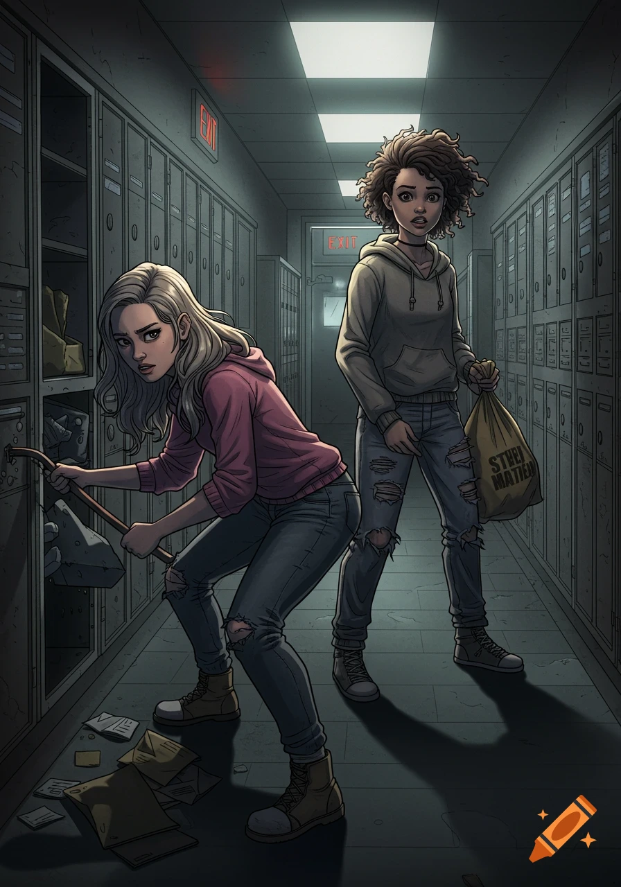 Comic book style illustration of two girls breaking into a locker in a dark hallway, one holding a crowbar and the other a bag of items.