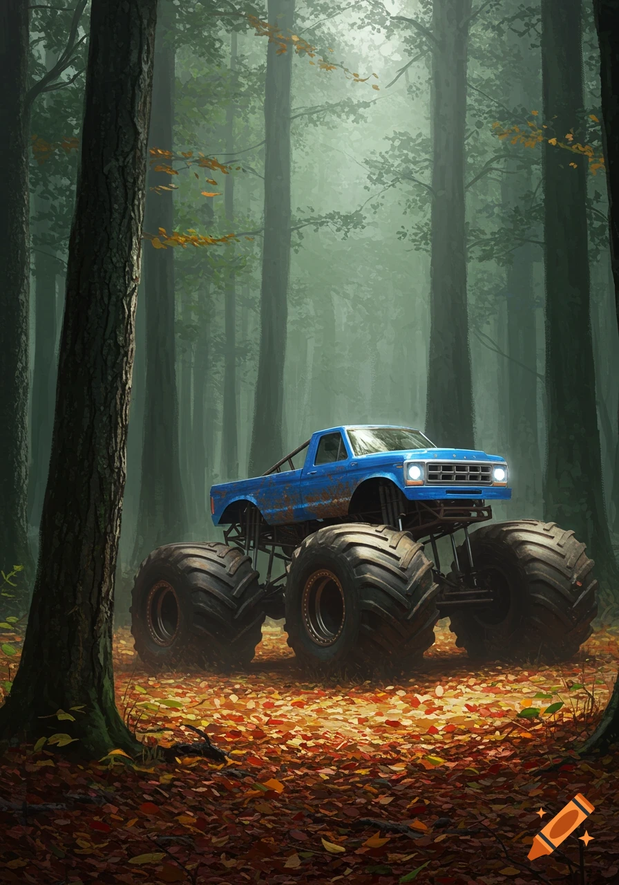 A blue monster truck with large tires sits on a forest floor covered in autumn leaves, surrounded by tall trees in a misty woods.