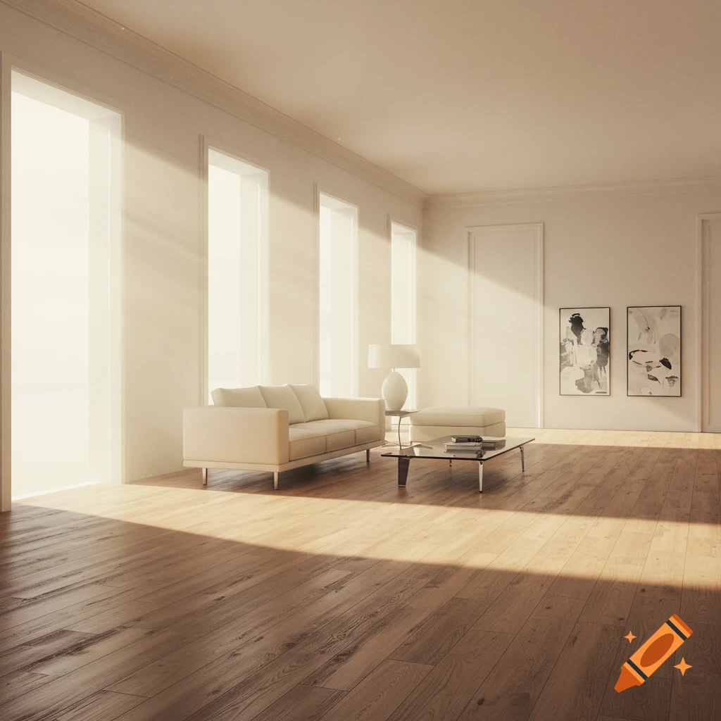 A bright, modern living room with a cream sofa, glass coffee table, and abstract art, lit by sunlight streaming through tall windows.