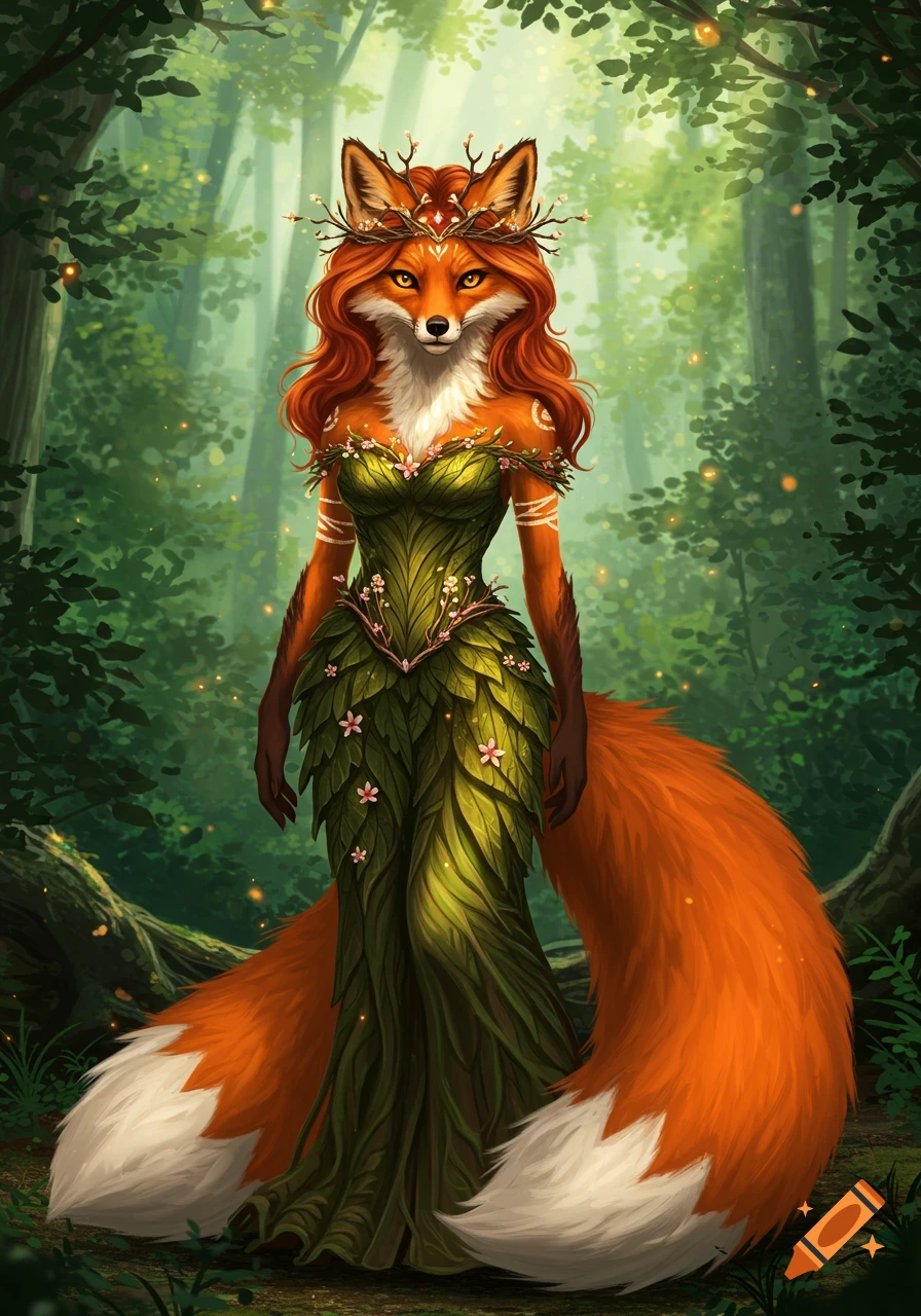 A majestic anthropomorphic fox woman with long red hair, a branch crown, and a leafy green dress stands in a magical forest.