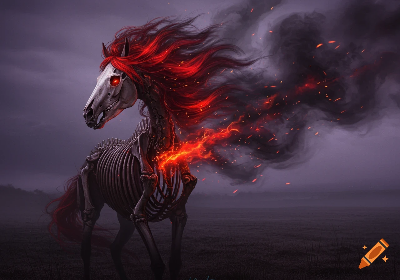 A dark fantasy skeleton horse with a fiery red mane, glowing eyes, and ...