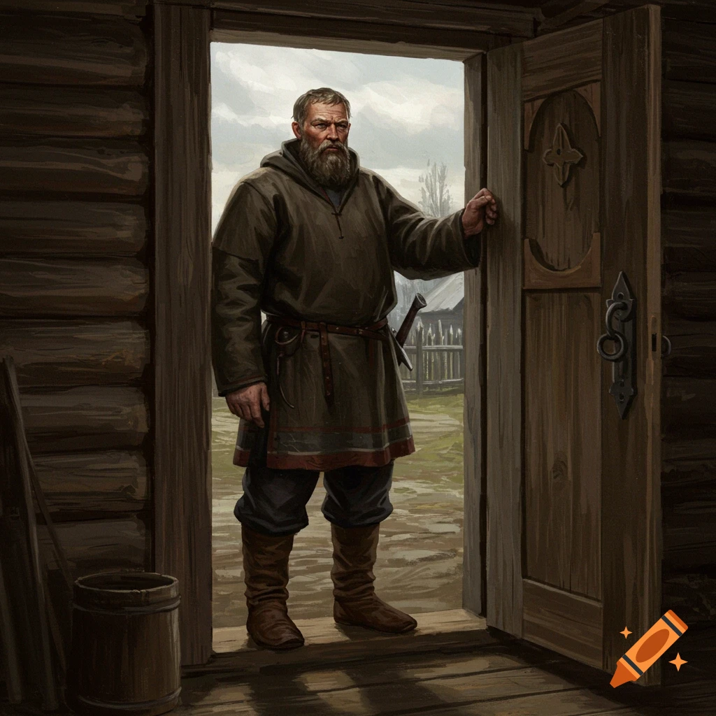 A stern, bearded man in a traditional Russian coat stands in a log house doorway, painted in a realistic style.
