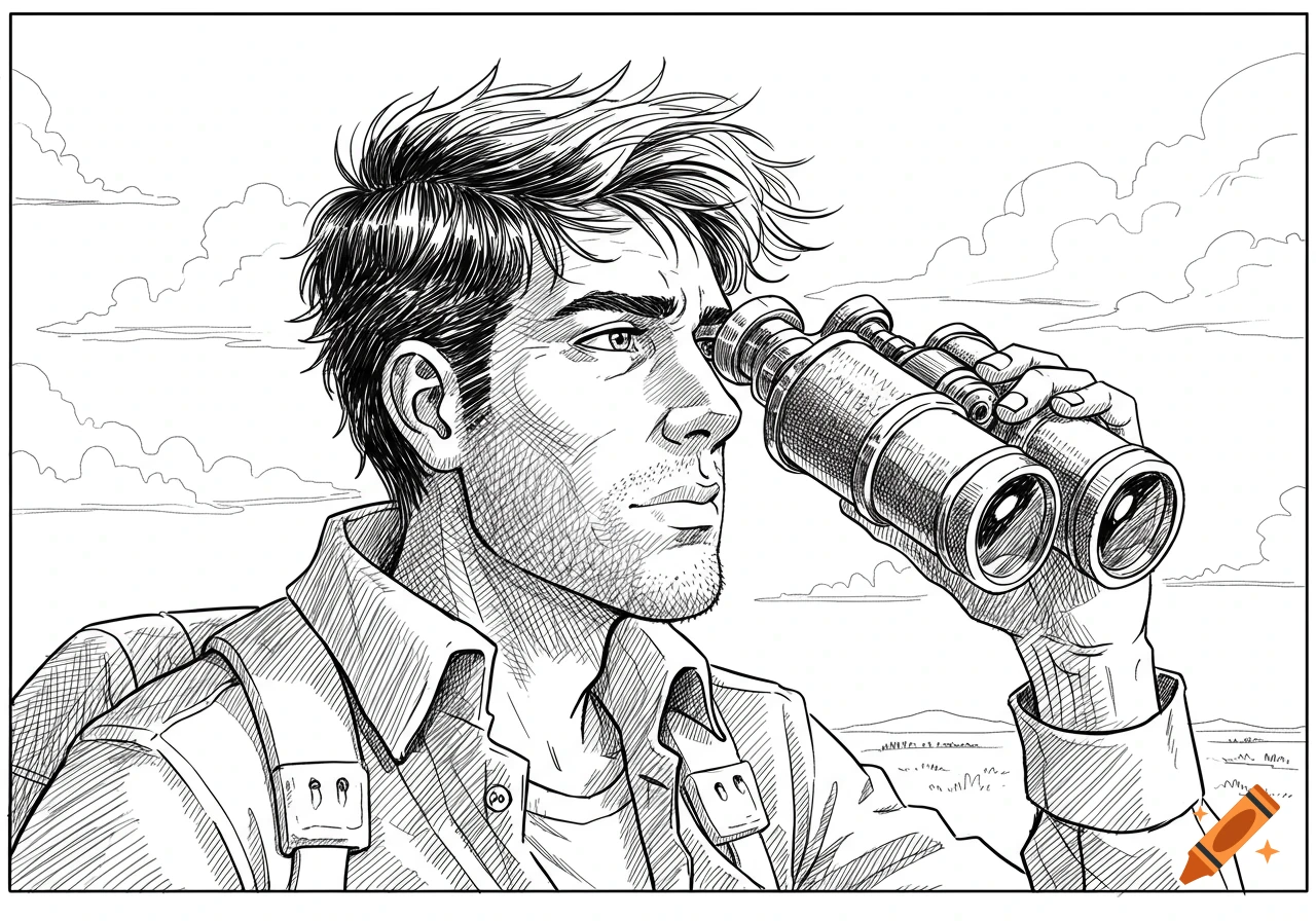 Black and white line comic drawing of a man with disheveled hair and a backpack, looking intently through binoculars to the side.