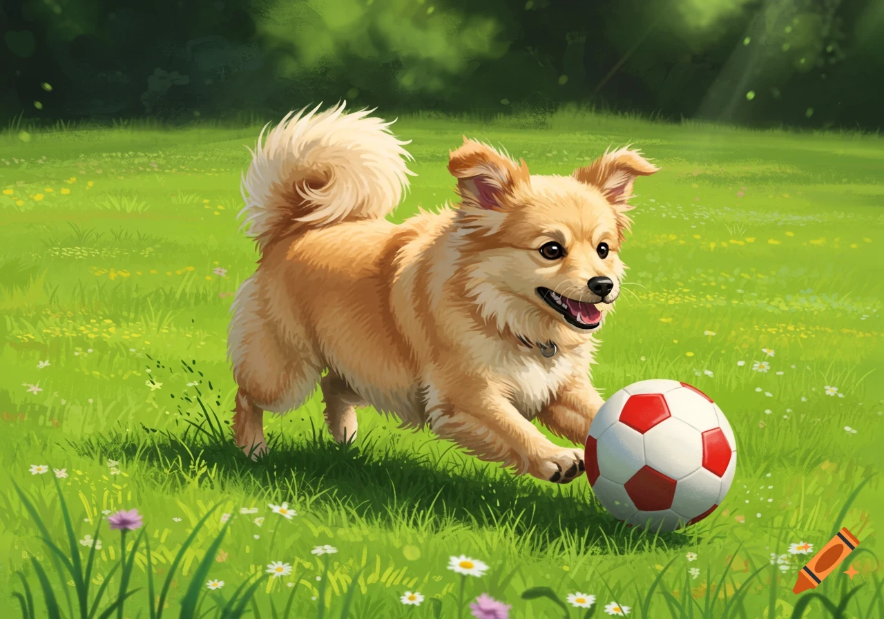 A happy, fluffy light brown dog chases a red and white soccer ball in a ...