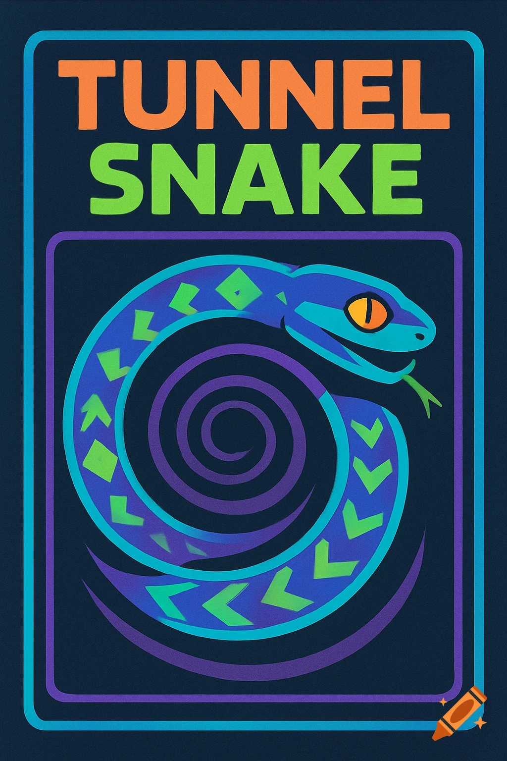 A retro-style game cartridge cover for 'Tunnel Snake' featuring a coiled blue and green snake on a dark background.