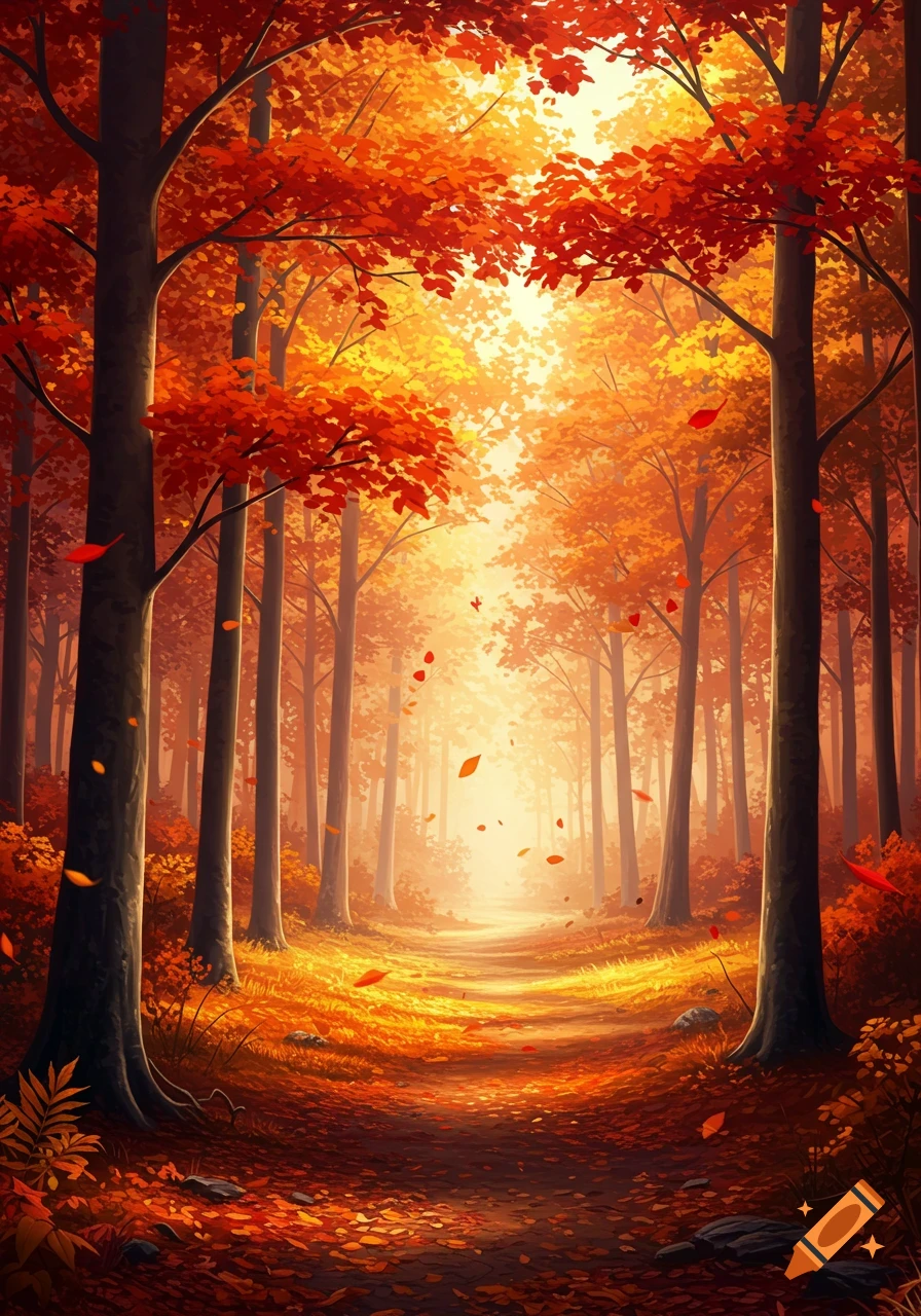 A vibrant autumn forest path with tall trees, rich red and orange ...