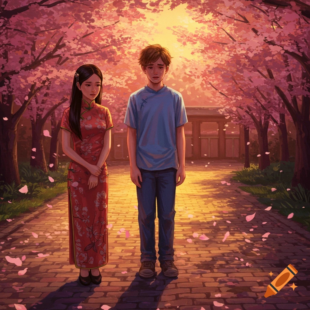 An anime-style illustration of a sad boy and girl standing on a path covered in pink cherry blossom petals, bathed in golden light.