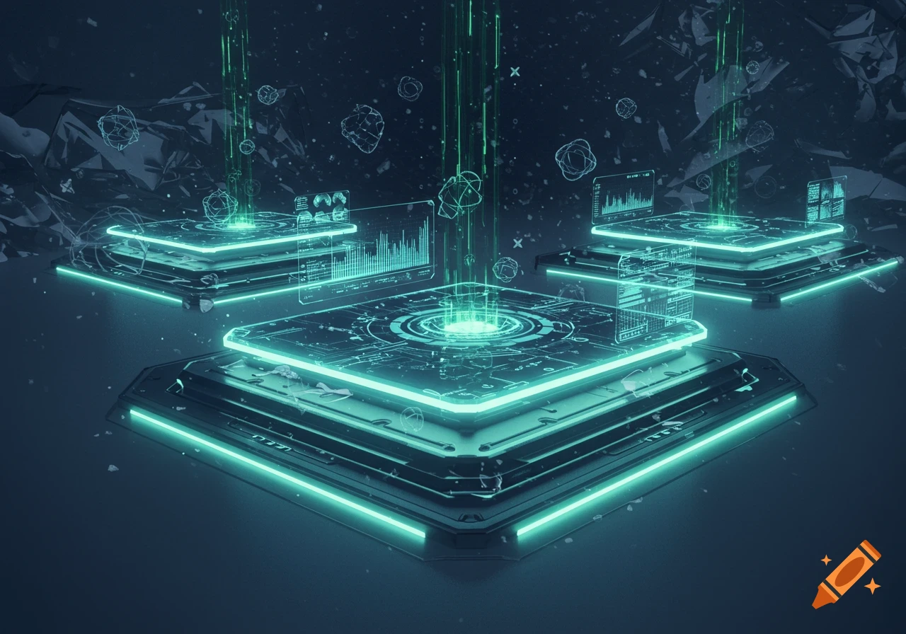 Three glowing teal futuristic platforms display holographic data and light beams, set against a dark, abstract background.