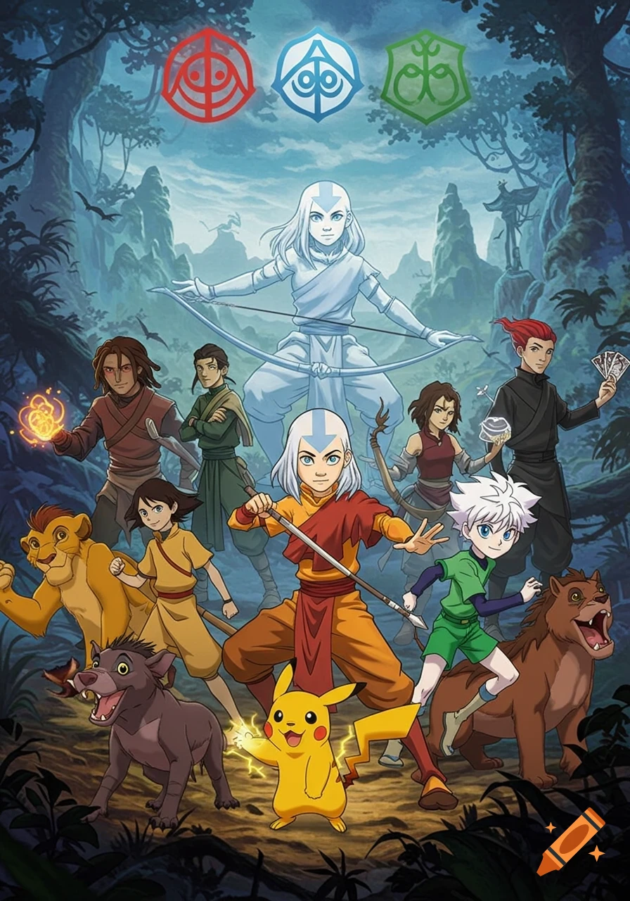 A poster featuring a large group of anime and cartoon characters from various franchises, including Aang, Killua, Pikachu, and Simba, in a lush jungle setting.