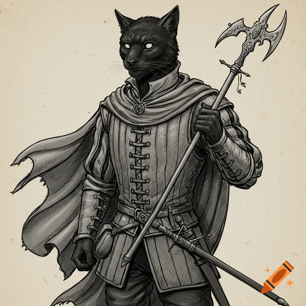 Black Tabaxi warrior in Renaissance doublet and cloak holds a glaive, black and white drawing.
