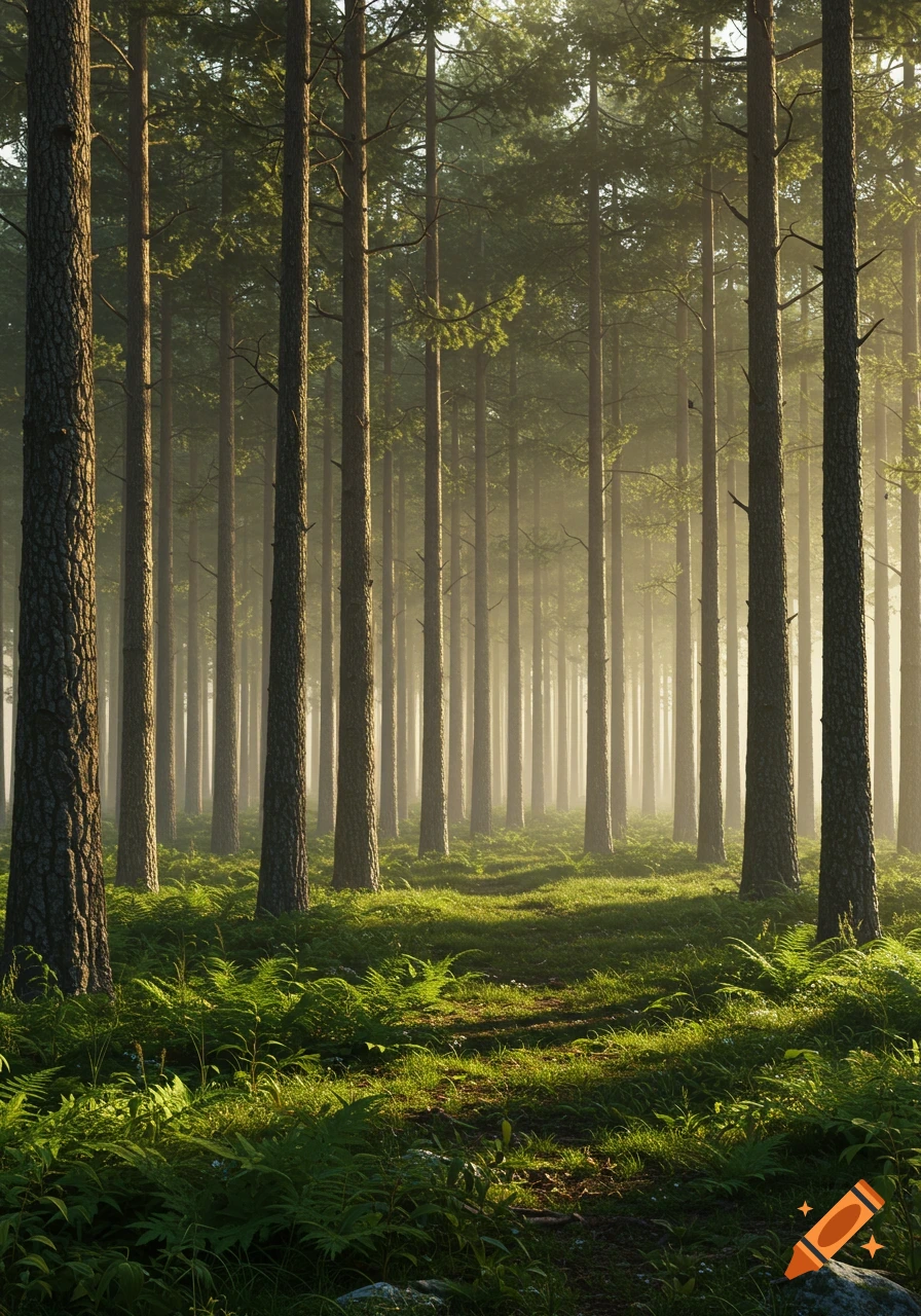 A path winds through a dense forest of tall pine trees, illuminated by ...