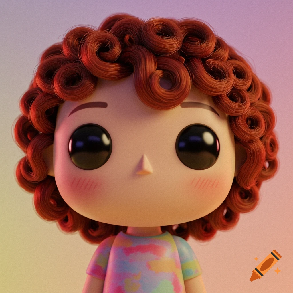 Funko Pop-style character with curly red hair, black eyes, and a tie-dye shirt.