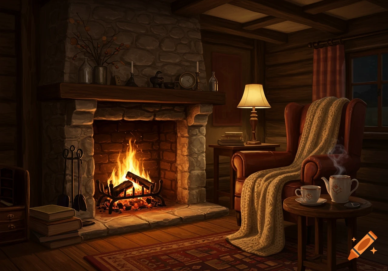 A warm, inviting illustration of a cozy living room with a lit stone fireplace, a blanket-draped armchair, and a steaming tea set.