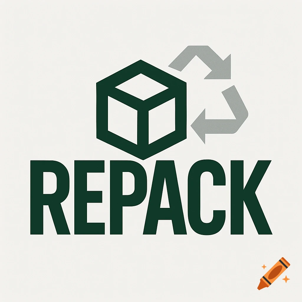 Logo for 'REPACK' featuring a dark green outlined box and a gray recycling symbol, with the word 'REPACK' below on a light background.