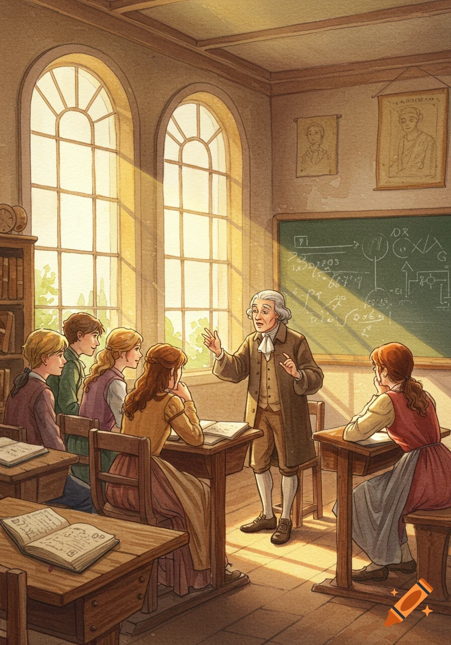 Watercolor painting of a classical teacher lecturing students in a sunlit classroom.