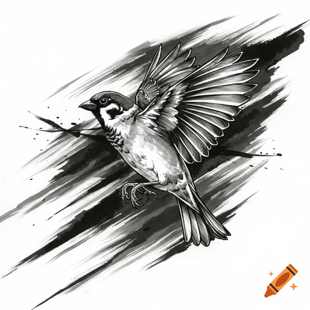 A dynamic black and white ink drawing of a sparrow with outstretched wings, surrounded by expressive brushstrokes.