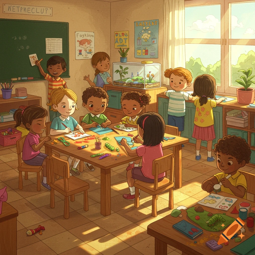 An illustration of diverse young children engaged in various activities in a sunlit classroom, including drawing and crafts.