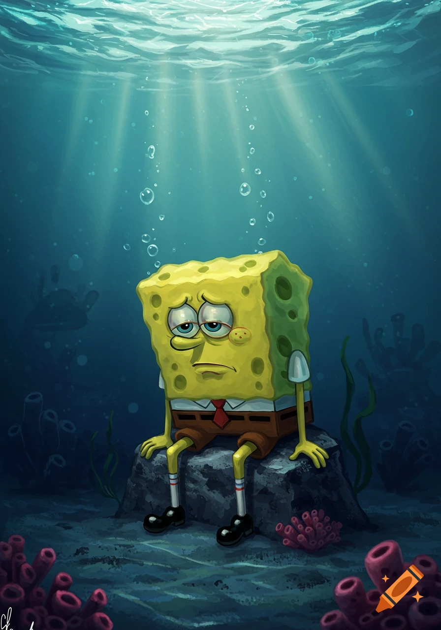 A digital illustration of a sad Spongebob Squarepants sitting on a rock at the bottom of the ocean, with light rays above.